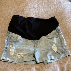 Stylish Black and Light Blue Women's Maternity Denim Shorts